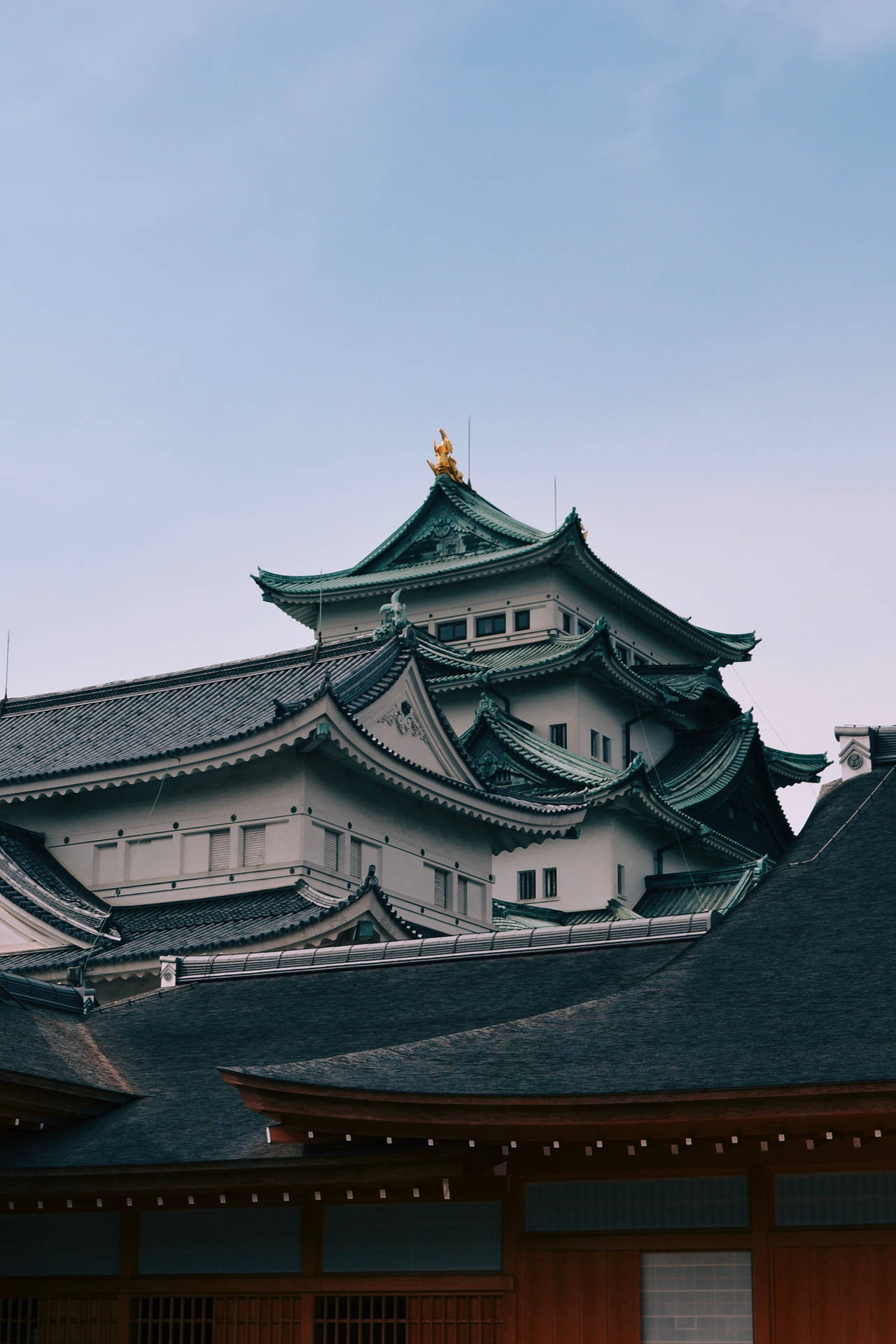 傳統日本城堡，綠色屋頂和白色城牆，藍天下