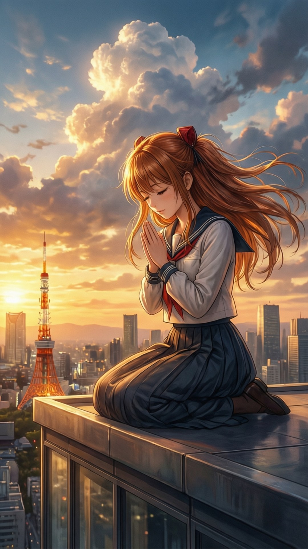動漫女孩穿著校服在夕陽下以東京塔為背景在天台上祈禱