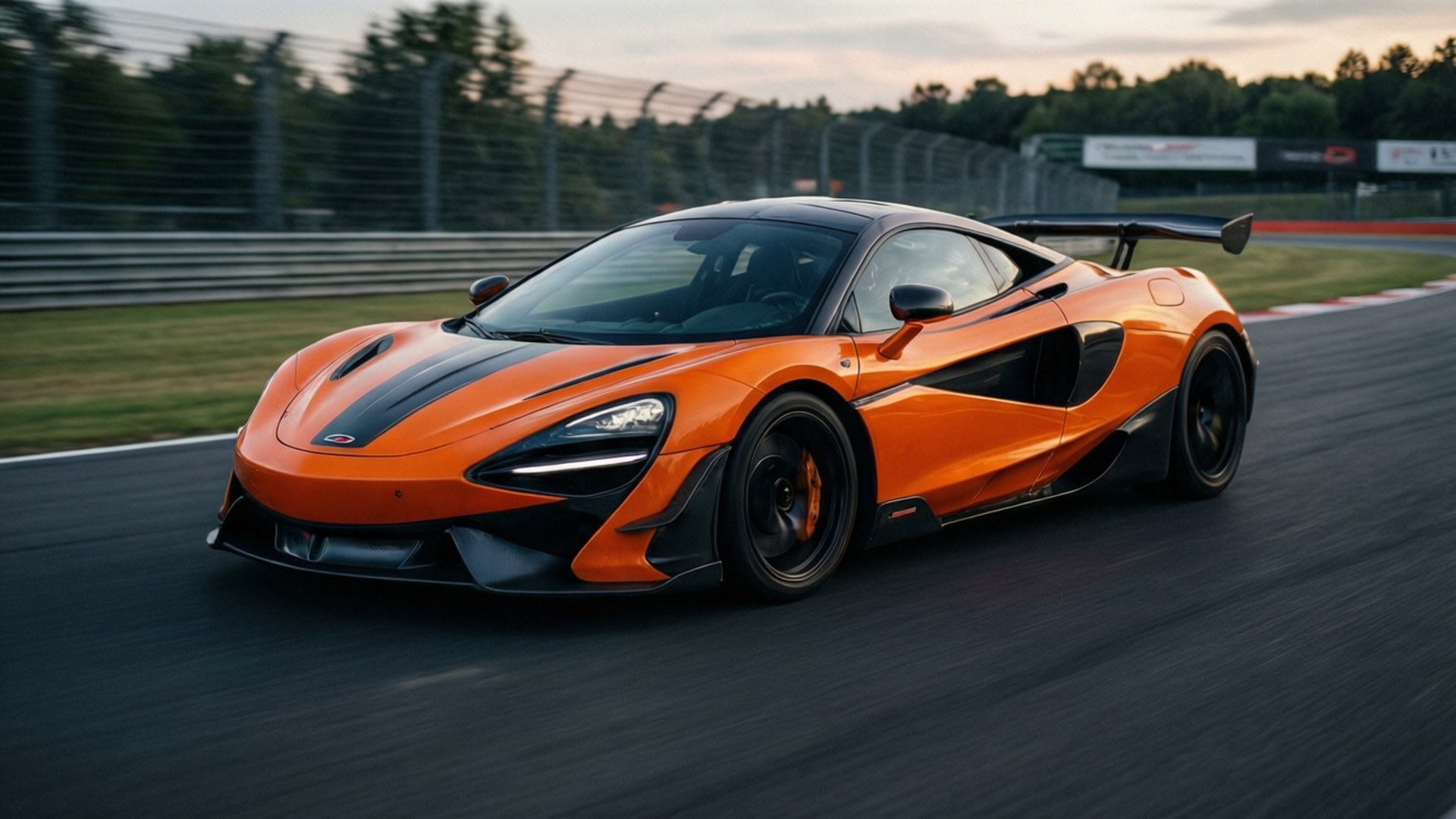 黃昏賽道主宰 壁紙 — 一輛充滿活力的橙色McLaren跑車在黃昏時分沿著賽道飛馳，動態模糊效果強調了其力量和流線型空氣動力學設計。