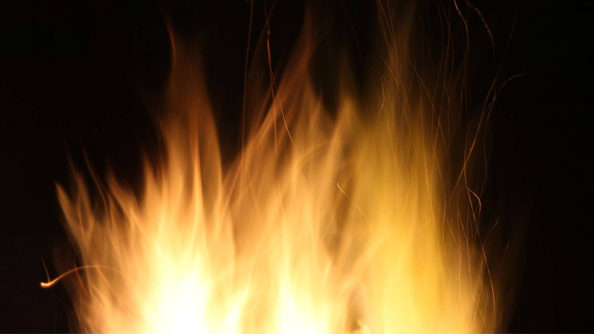 黃橙光焰熱力 壁紙 — 鮮豔的橙色和黃色火焰在漆黑的背景下動態上升，發光的餘燼向上飄散。