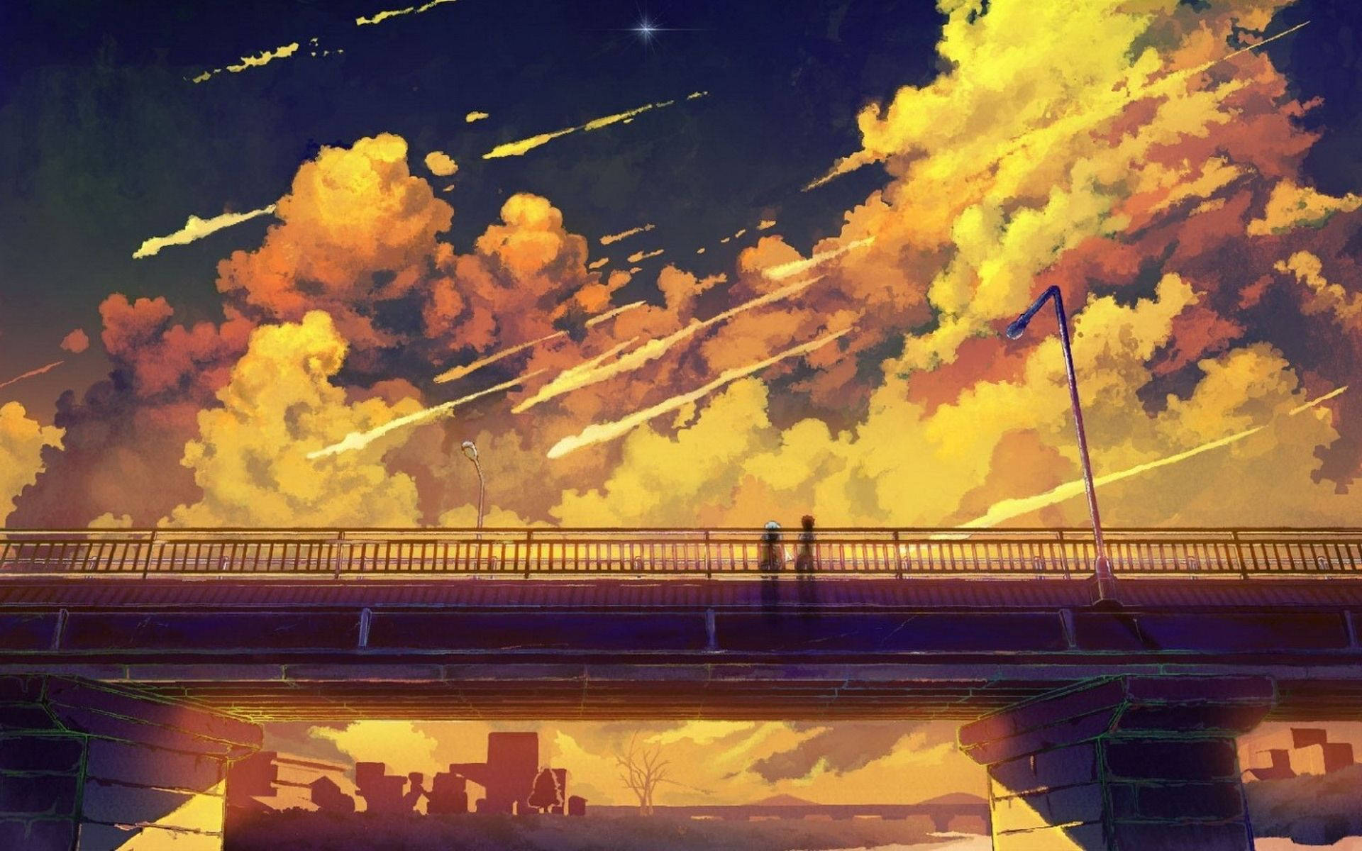 兩個人在橋上觀看黃昏時的金色雲彩和流星。