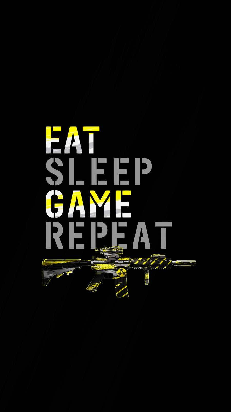 遊戲標語 eat sleep game repeat 搭配迷彩步槍圖案，黑色背景。