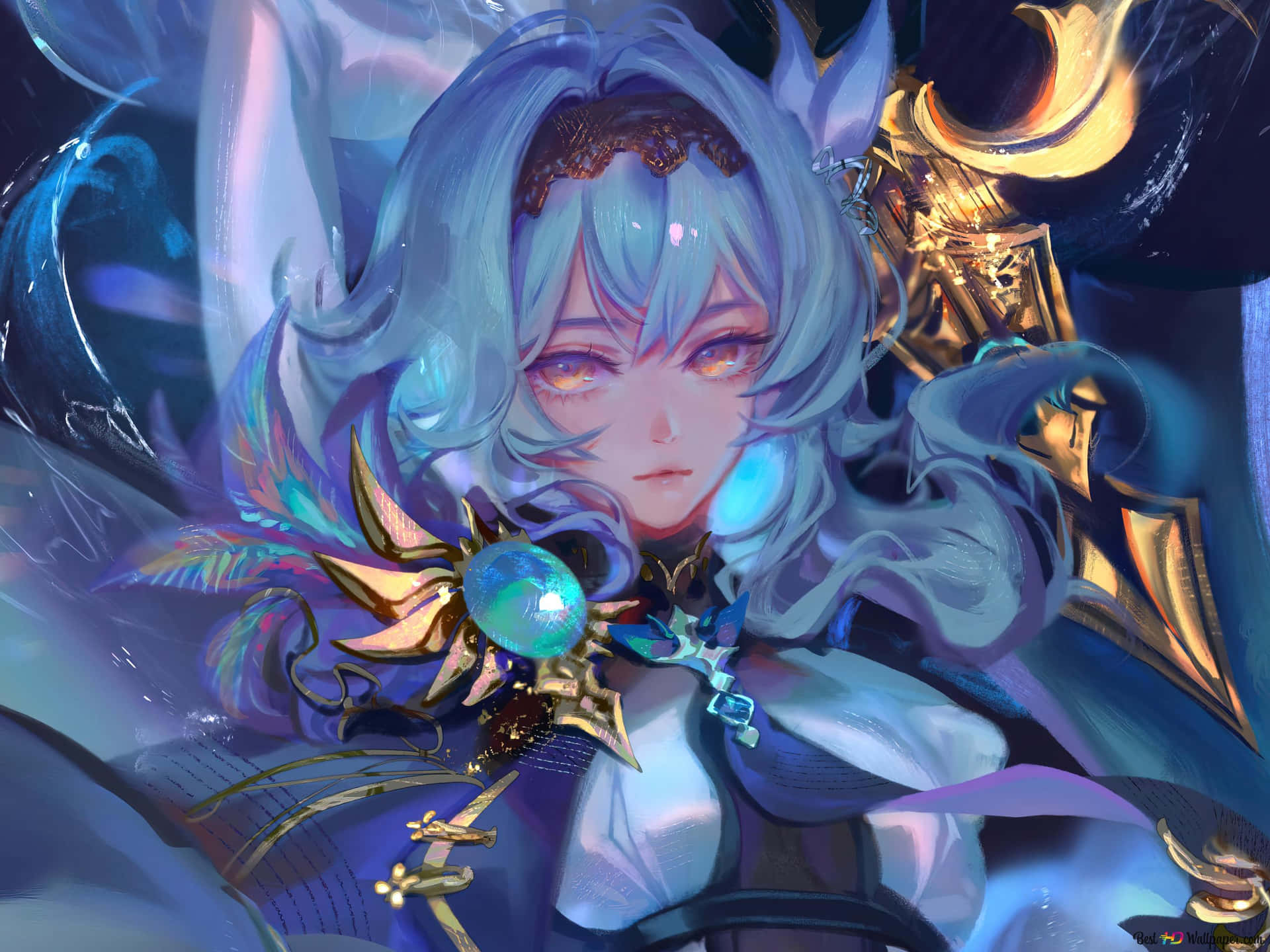 黃眼露娜 壁紙 — 一個幻想動漫女孩，擁有發光的藍色頭髮和金色盔甲，在旋轉的宇宙背景下手持發光球體。