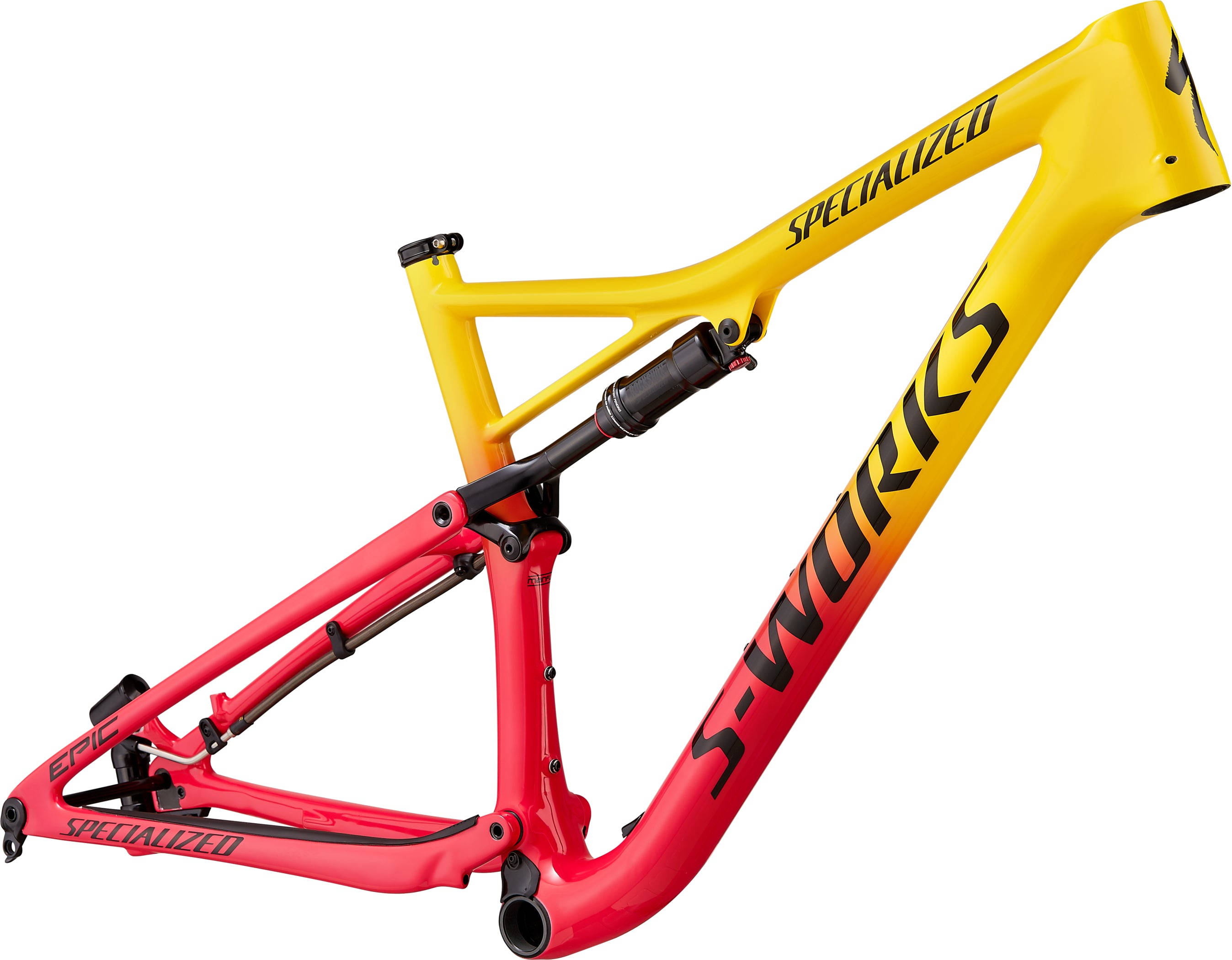 黃紅相間專利自行車車架 壁紙 — 一個鮮黃色和紅色的Specialized S-Works Epic山地單車車架，配以黑色懸掛組件，背景為白色。
