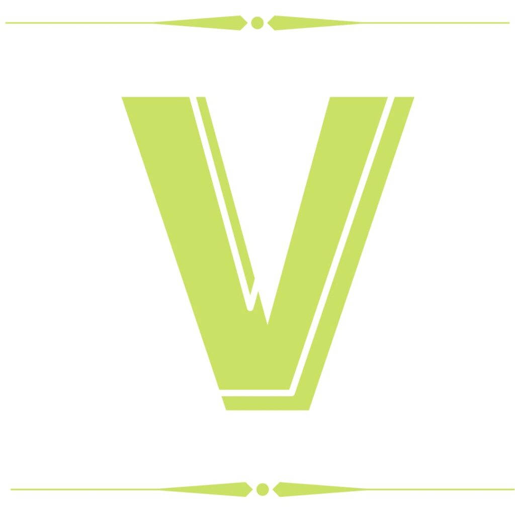 黃綠字母V 壁紙 — 白色背景上帶有裝飾線條和圓點的簡約青檸綠色字母V。