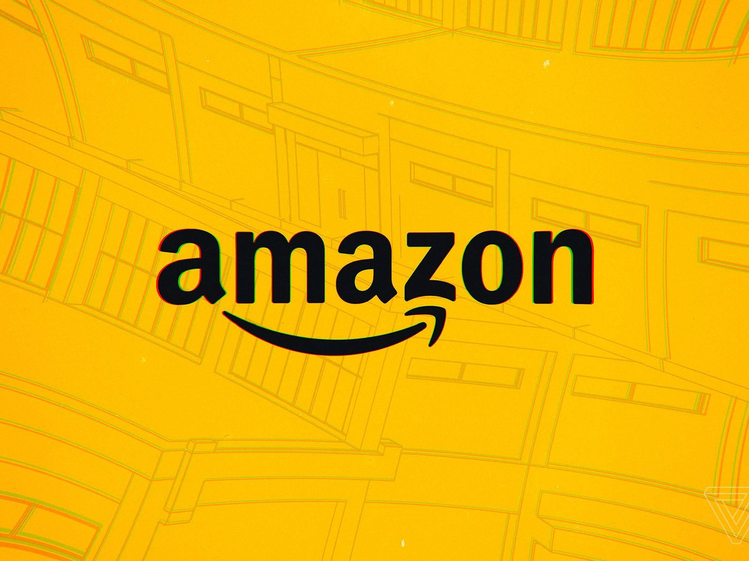 黃色Amazon藝術 壁紙 — 大膽的黑色Amazon標誌居中在鮮黃色背景上，帶有微弱的建築線條藝術。