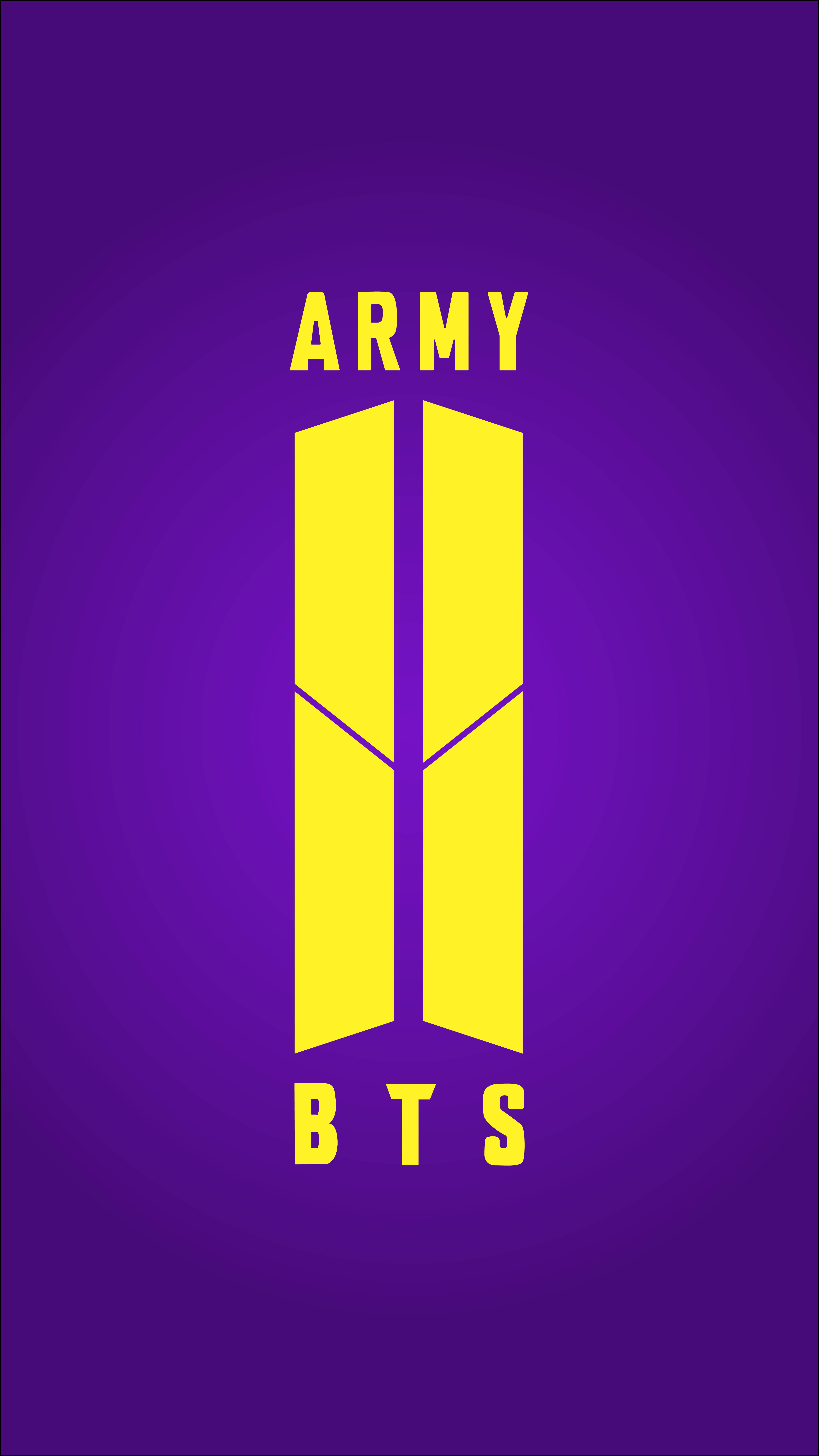 黃色BTS ARMY徽章 壁紙 — 在漸變紫色背景上，大膽的黃色BTS標誌帶有「ARMY」文字。