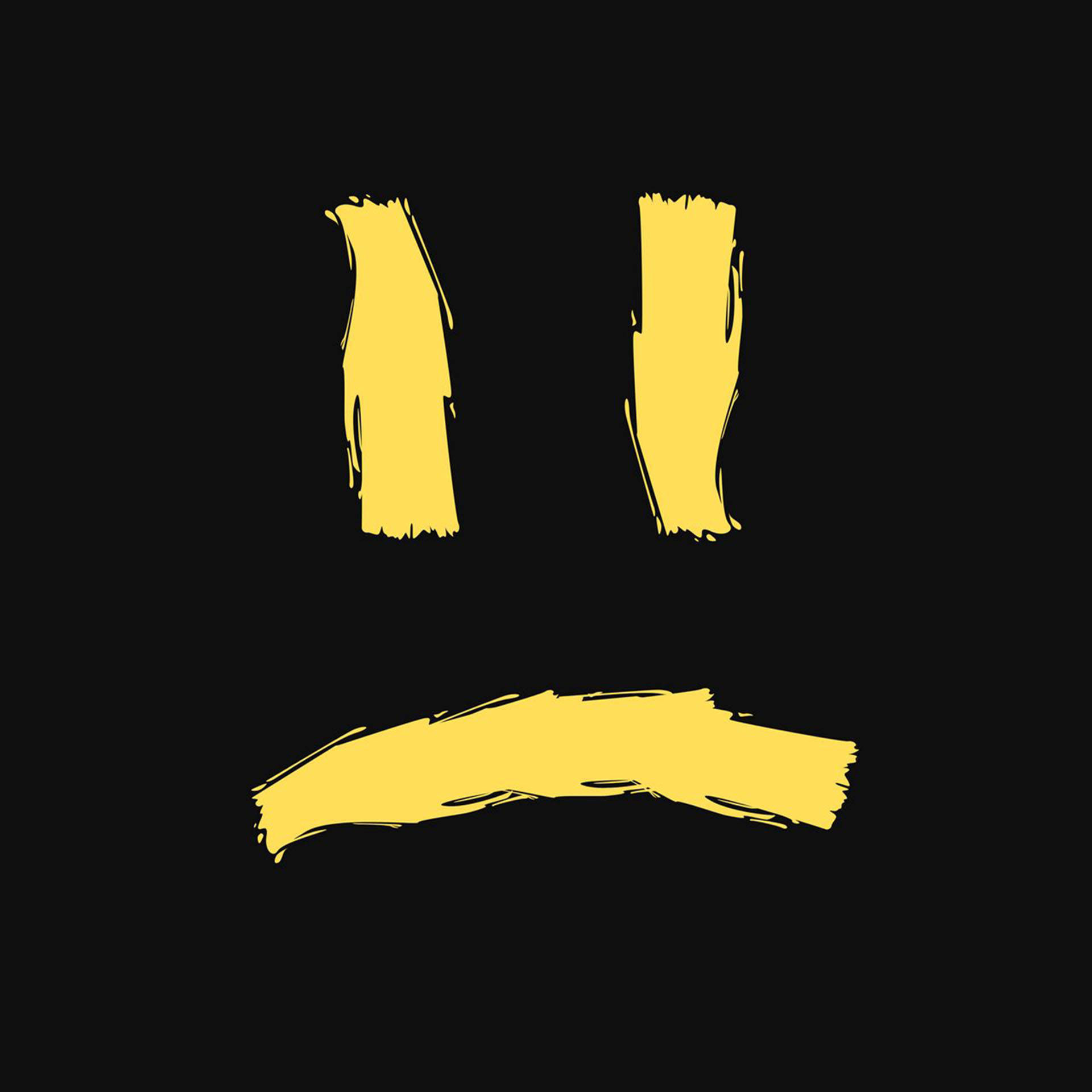 黃色Emoji傷感畫作 壁紙 — 一個極簡風格的黃色筆觸笑臉，嘴巴向下，位於純黑背景上。