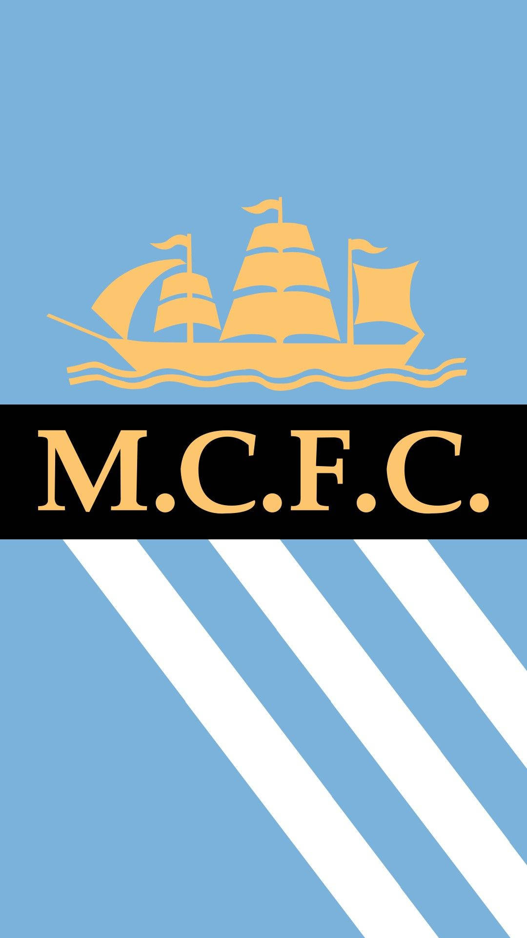 黃色MCFC曼城隊標 壁紙 — 淺藍色和白色條紋牆紙，黑色條紋上方有金色粗體 M.C.F.C. 字母，字母上方有黃色帆船標誌。