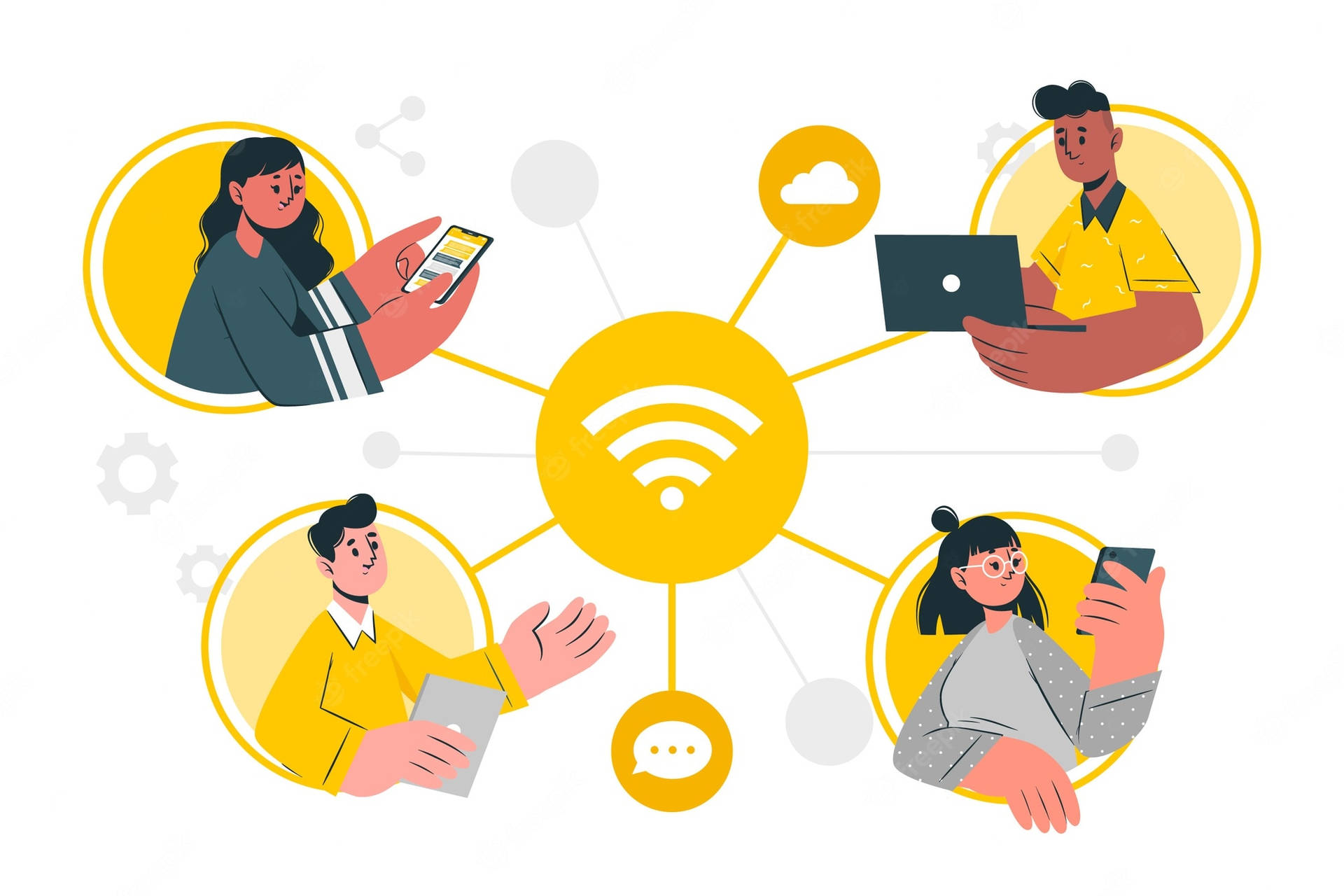 四個人使用由中央WiFi圖示連接嘅裝置。