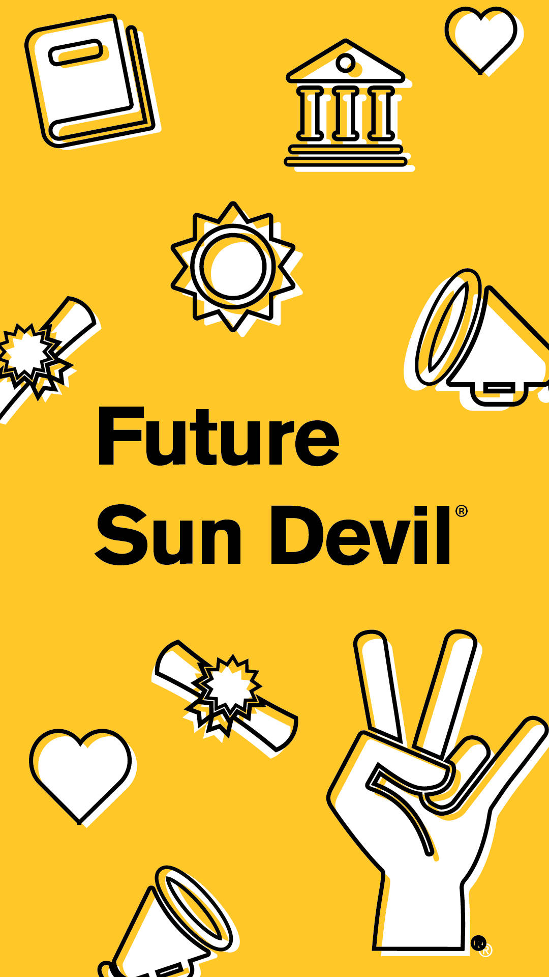 黃色背景，帶有白色輪廓圖標和粗體文字 Future Sun Devil。