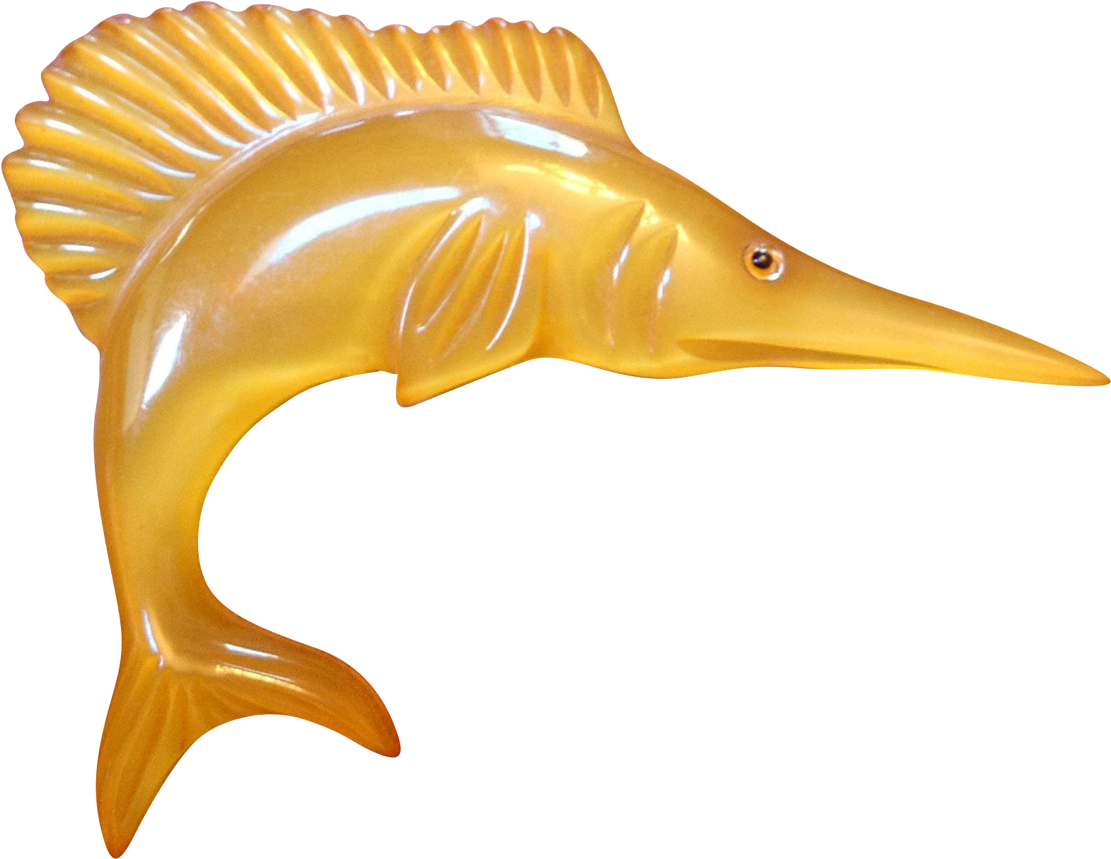 黃色劍魚模型 壁紙 — 一個閃亮的金黃色馬林魚雕塑，帶有詳細的魚鰭和長尖的鼻子，背景為黑色。