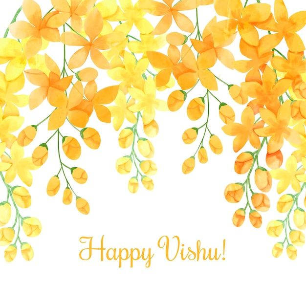 黃色水彩花朵圍繞「Happy Vishu!」祝福語。