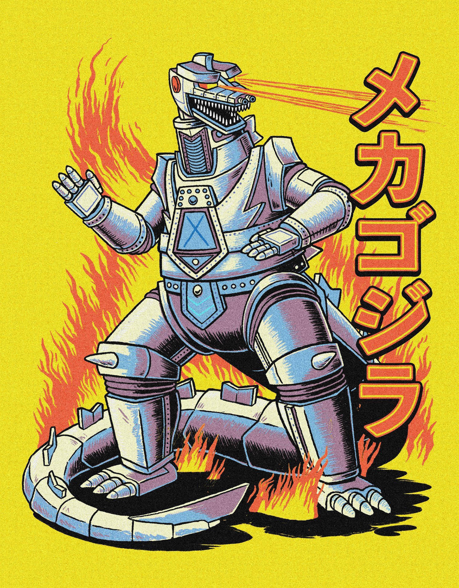 Mecha Godzilla 機械人怪獸站在火焰中一艘破損的船上。