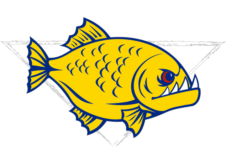 黃色卡通魚藝術 壁紙 — 一條大膽的黃色食人魚，帶有藍色輪廓和鋒利牙齒，在黑色背景上游泳，背景由白色星星框住。