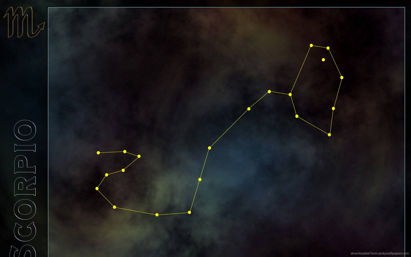黃色線條連接星星，在黑暗的宇宙天空中形成天蠍座。