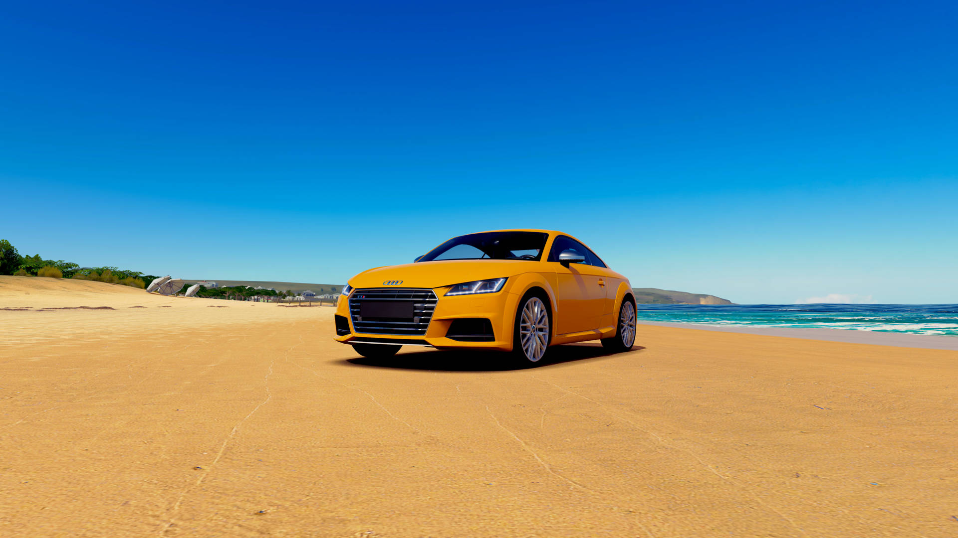 黃色奧迪 Forza Horizon 3 壁紙 — 一輛鮮黃色的奧迪TT雙門跑車停泊在陽光明媚的沙灘上，背景是碧綠的海洋和清澈的藍天。