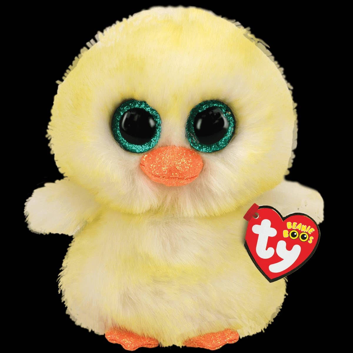 黃色小雞 Beanie Boos 壁紙 — 一隻毛茸茸的黃色 Beanie Boo 小雞，閃閃發光的藍綠色眼睛和橙色喙，站在黑色背景前。