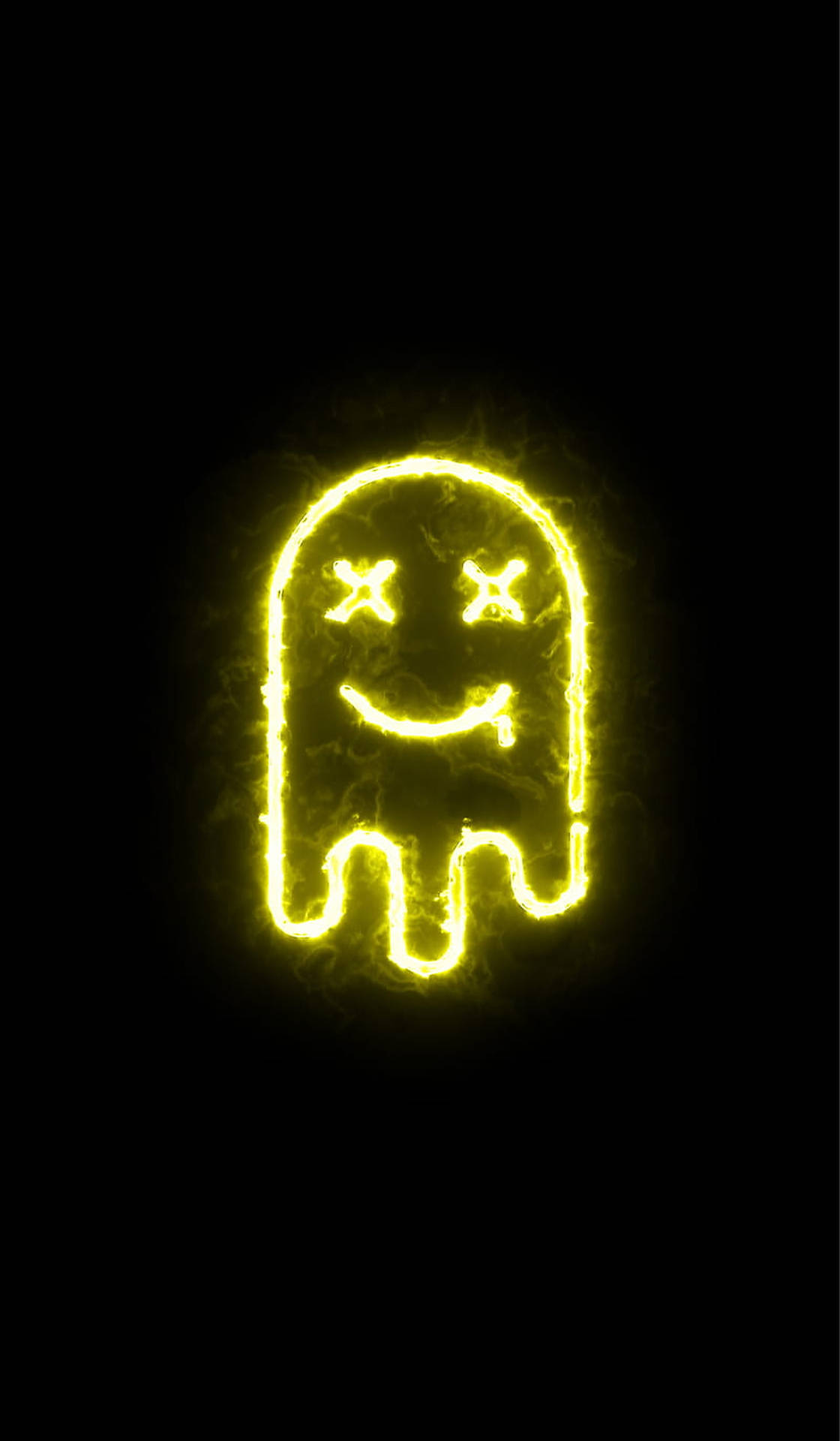 發光黃色 Pac-Man 鬼魂，X 眼睛和微笑，黑色背景