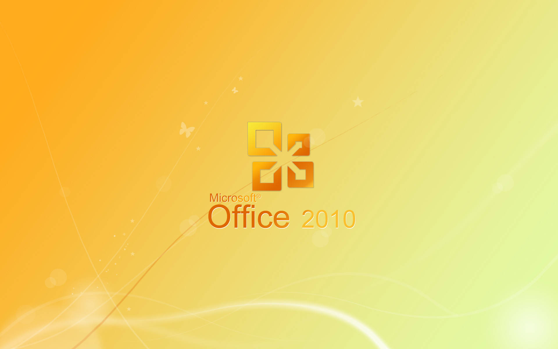 黃色微軟Office 2010桌面 壁紙 — Microsoft Office 2010 標誌居中於漸變黃色背景上，帶有微妙的光線條紋和漂浮粒子。