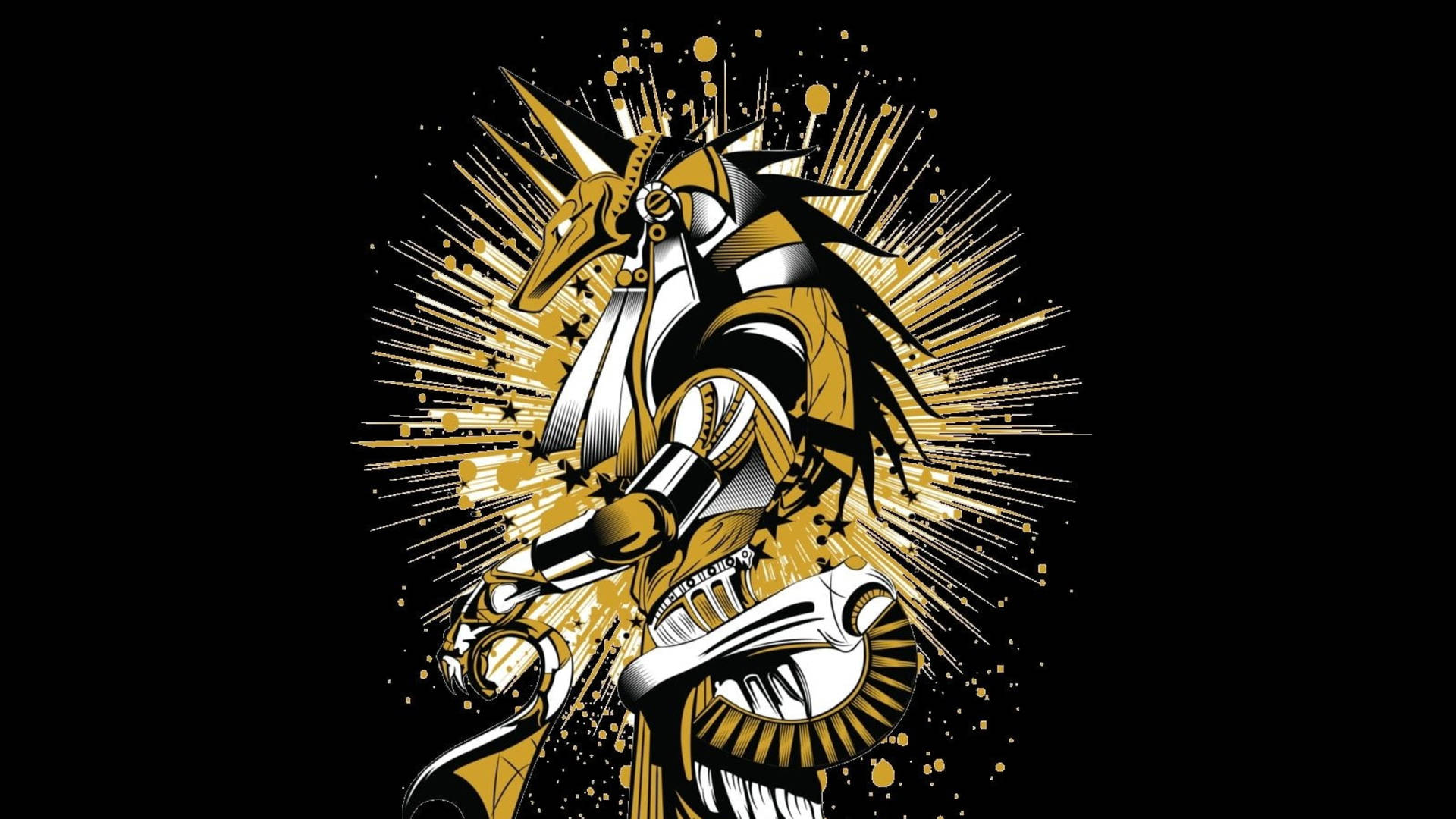 機械龍，金色裝甲，星爆效果，黑色背景