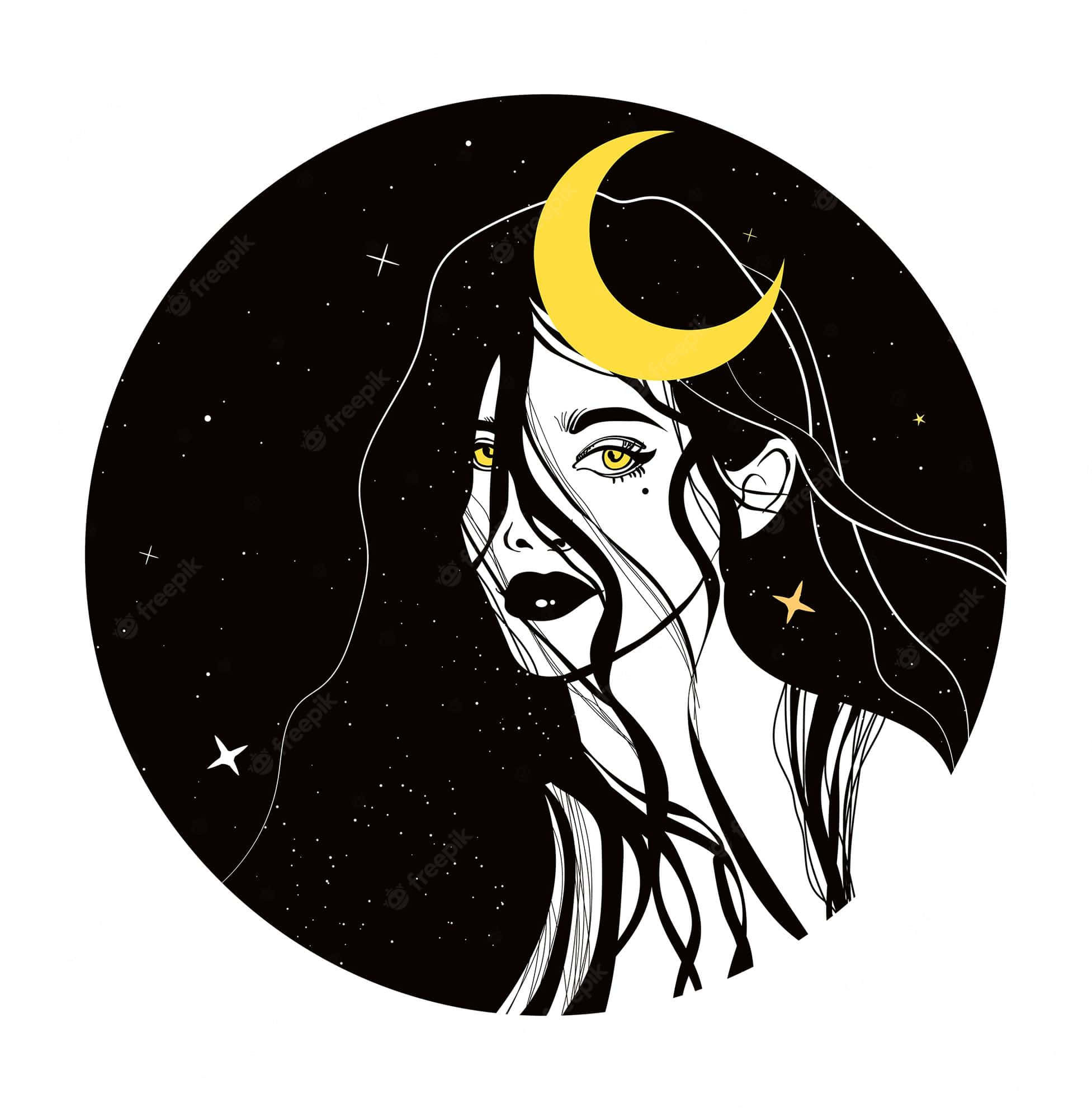 黃色新月星空背景 壁紙 — 一個風格化的女人，飄逸的頭髮和金色的眼睛，在黑色宇宙背景下，新月和星星之下向上凝視。