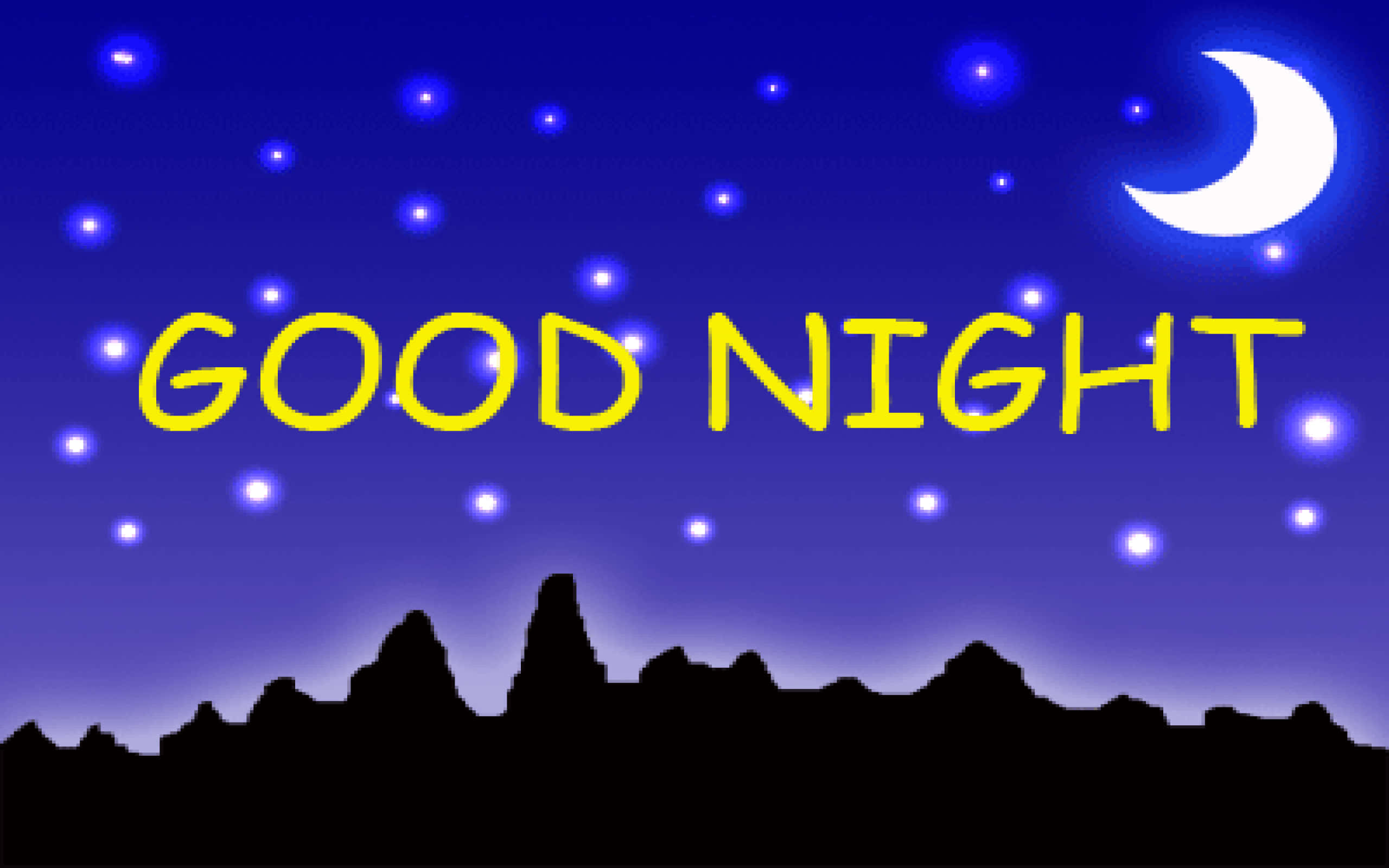 黃色晚安字樣圖 壁紙 — 寧靜的夜空，新月和閃爍的星星在山脈剪影之上，配上粗體黃色「晚安」文字。