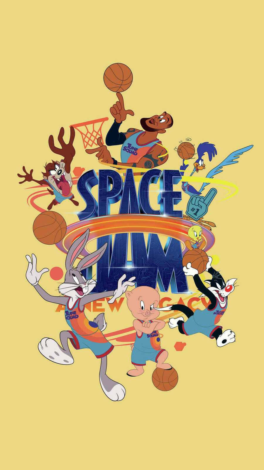 黃色極簡風格《太空大灌籃》勒布朗·詹姆斯 壁紙 — Looney Tunes 角色在鮮黃色背景上圍繞「Space Jam」標誌進行充滿活力的籃球動作。