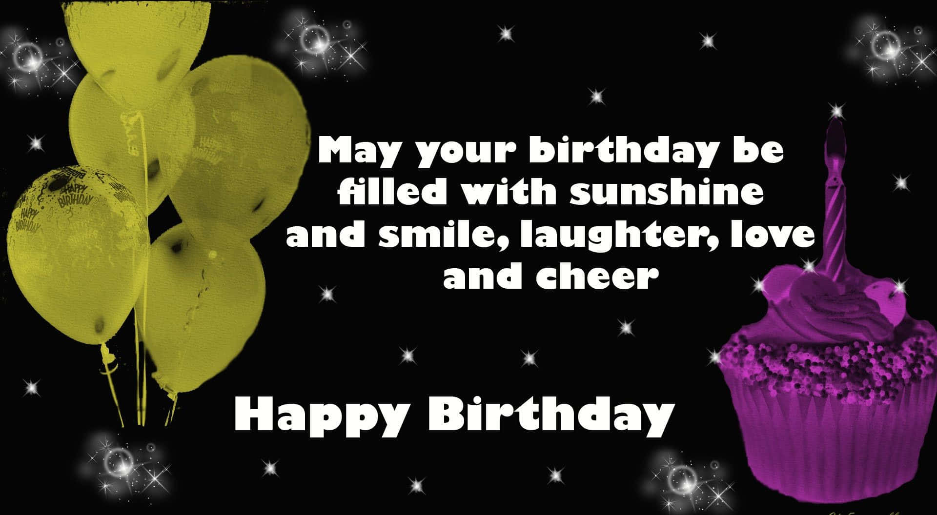 Birthday Wishes 桌布 壁紙 — 黃色氣球和紫色紙杯蛋糕在黑色背景上以閃爍的星星慶祝生日。