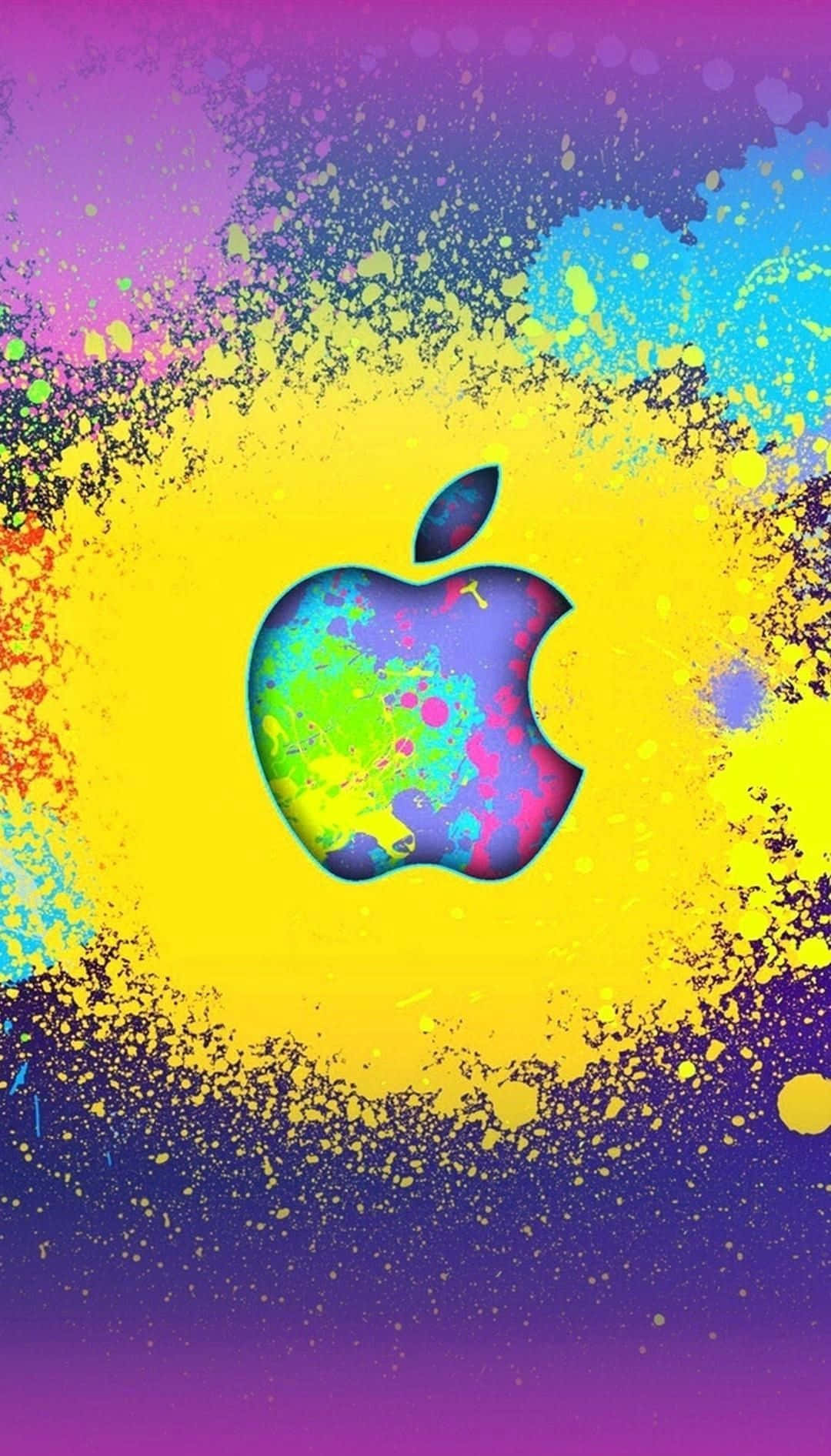 在漸變背景上，Apple標誌被五彩斑斕的顏料濺灑覆蓋。