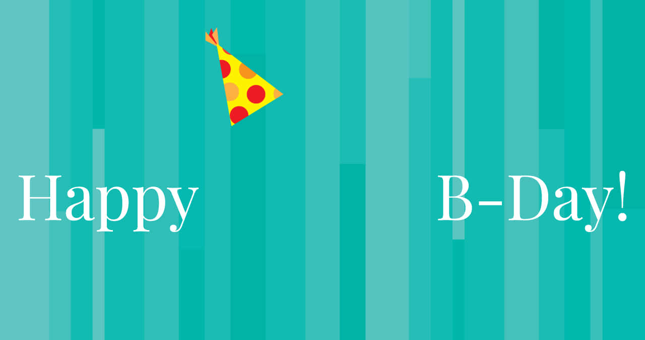 青綠色條紋背景上的派對帽和Happy B-Day文字