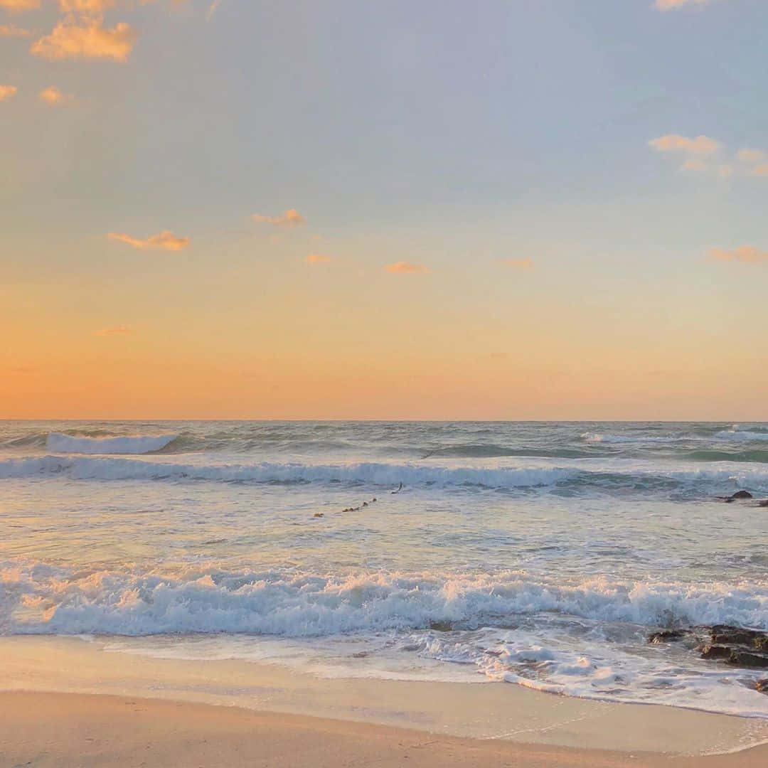 黃色海灘日落美學圖片 壁紙 — 金色夕陽描繪著海浪拍打沙灘，在柔和粉彩天空下。