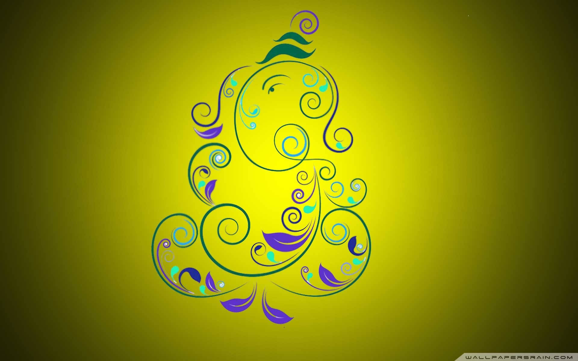 黃色漸層背景中的象頭神甘尼薩 壁紙 — 一個風格化的象頭神形象，由旋轉的綠色、紫色和藍綠色圖案組成，背景為黃色漸變。