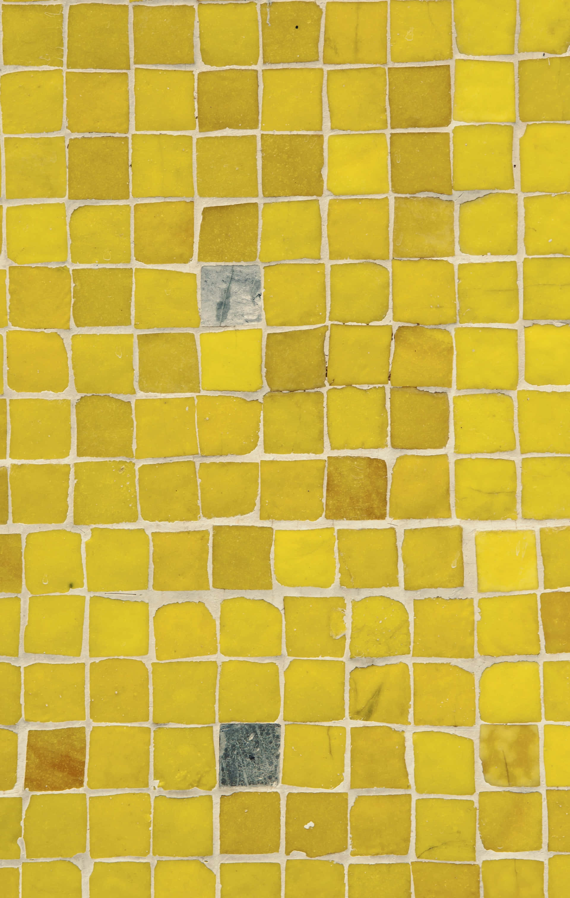 Yellow Pattern 桌布 壁紙 — 黃色瓷磚牆的特寫，兩塊灰色瓷磚打破了圖案。