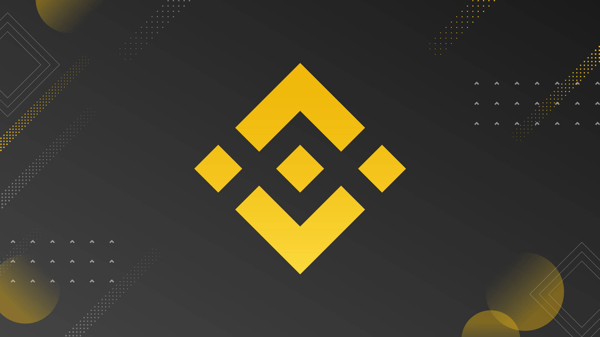 黃色科技幣安 壁紙 — 一個大膽的黃色 Binance 標誌，居中放置在帶有幾何圖案和發光裝飾的深灰色背景上。