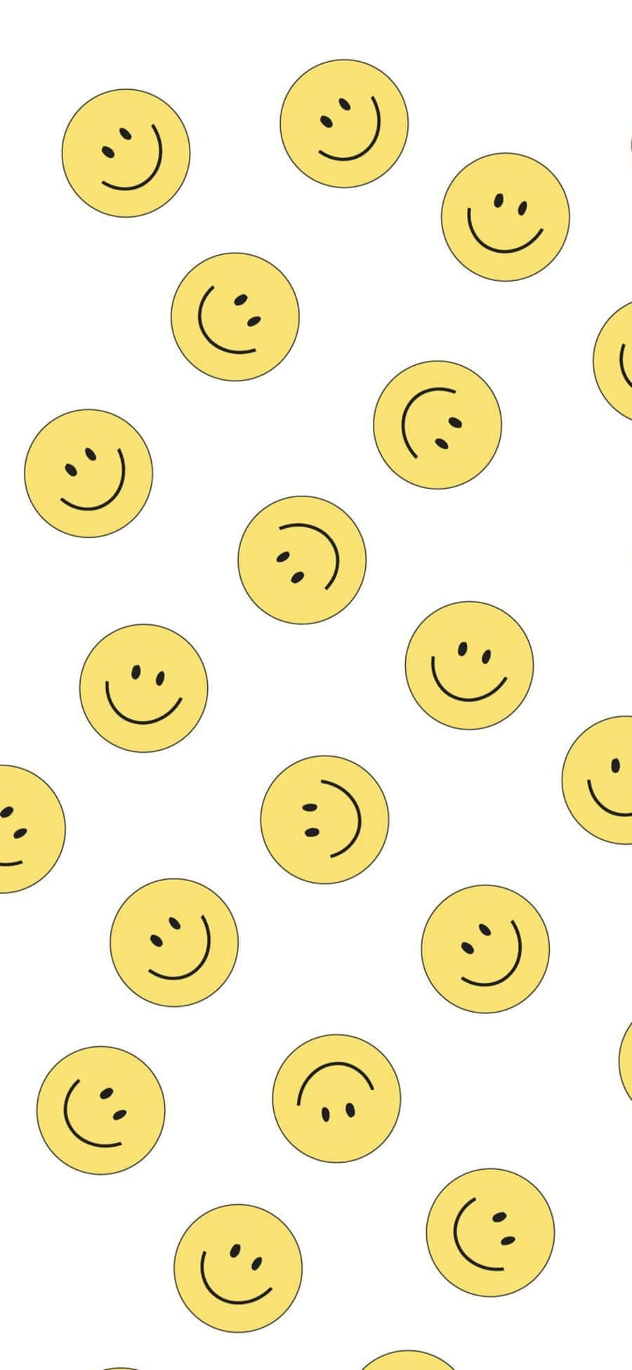 Aesthetic Smiley Face 桌布 壁紙 — 黃色笑臉帶有簡單的黑色特徵，隨機漂浮在乾淨的白色背景上。