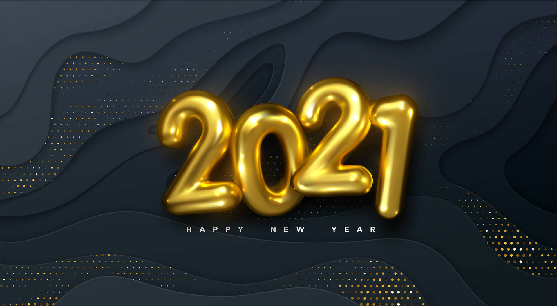 金色2021氣球，深藍色波浪形紙背景，帶有閃閃發光的圓點和happy new year文字。