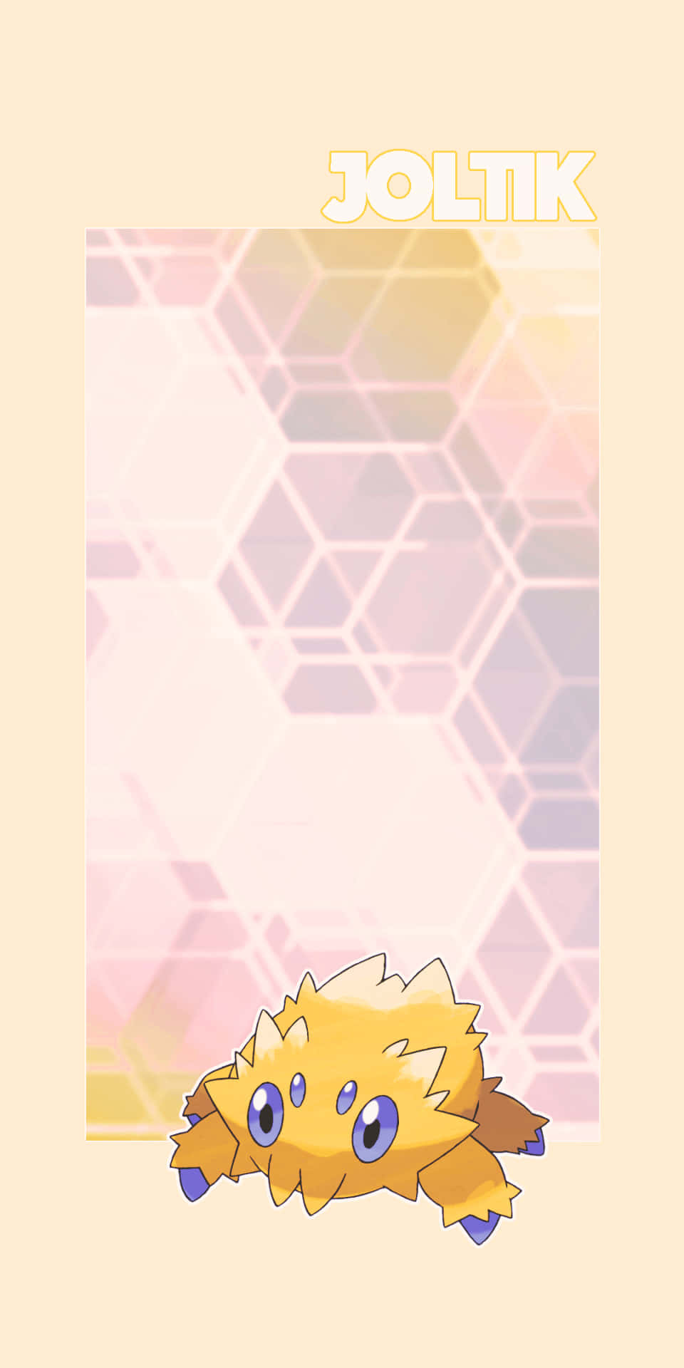 黃色寶可夢Joltik，藍色眼睛，粉彩六邊形圖案背景。