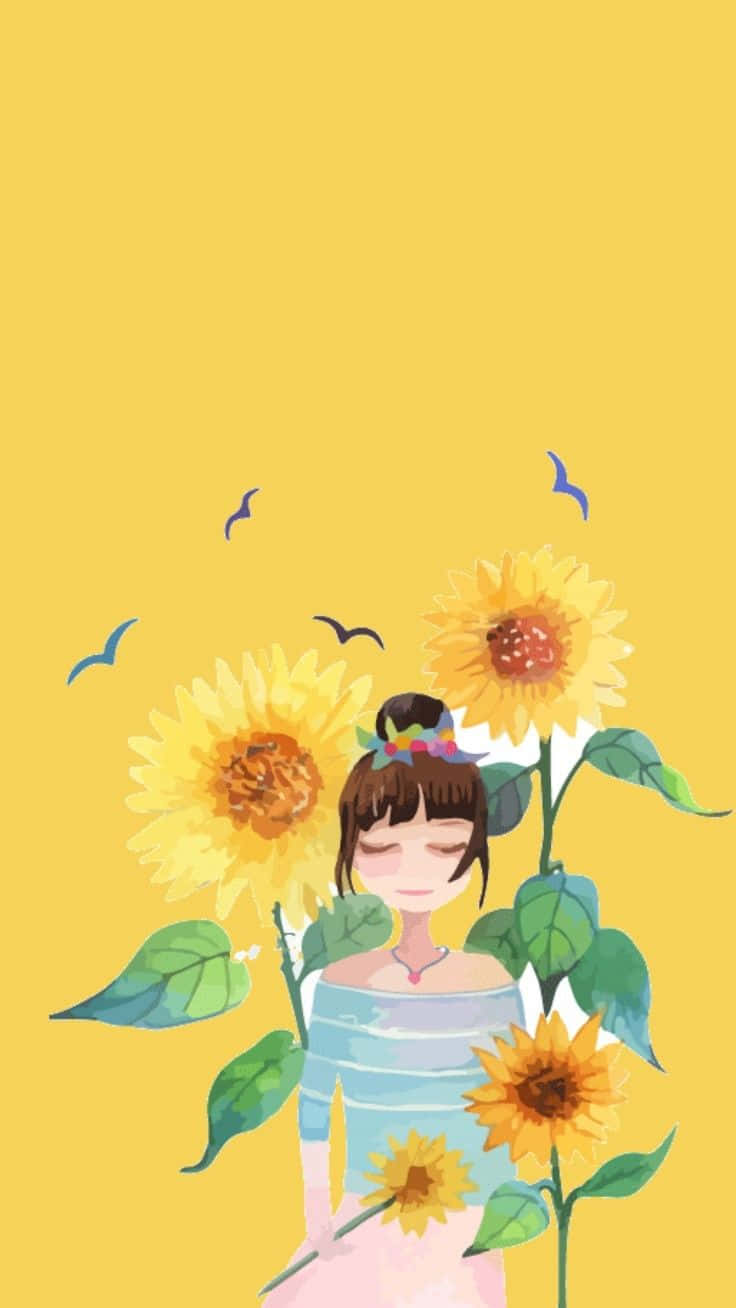 黃色美學卡通圖 壁紙 — 一位寧靜的動漫女孩閉著眼睛，站在鮮豔的向日葵中，背景是純黃色和飛翔的鳥兒。