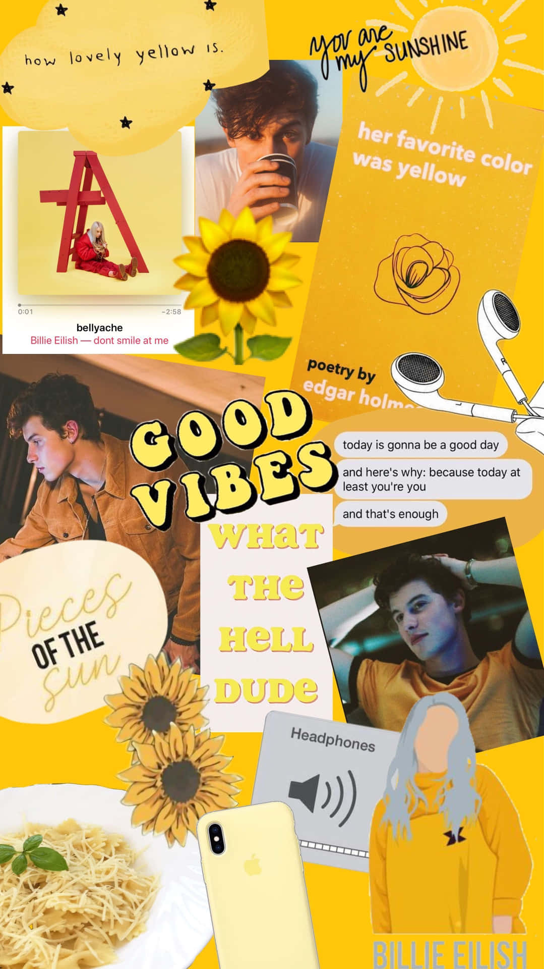 以黃色為主題的拼貼畫，包含向日葵、Billie Eilish 語錄和年輕男子的照片。