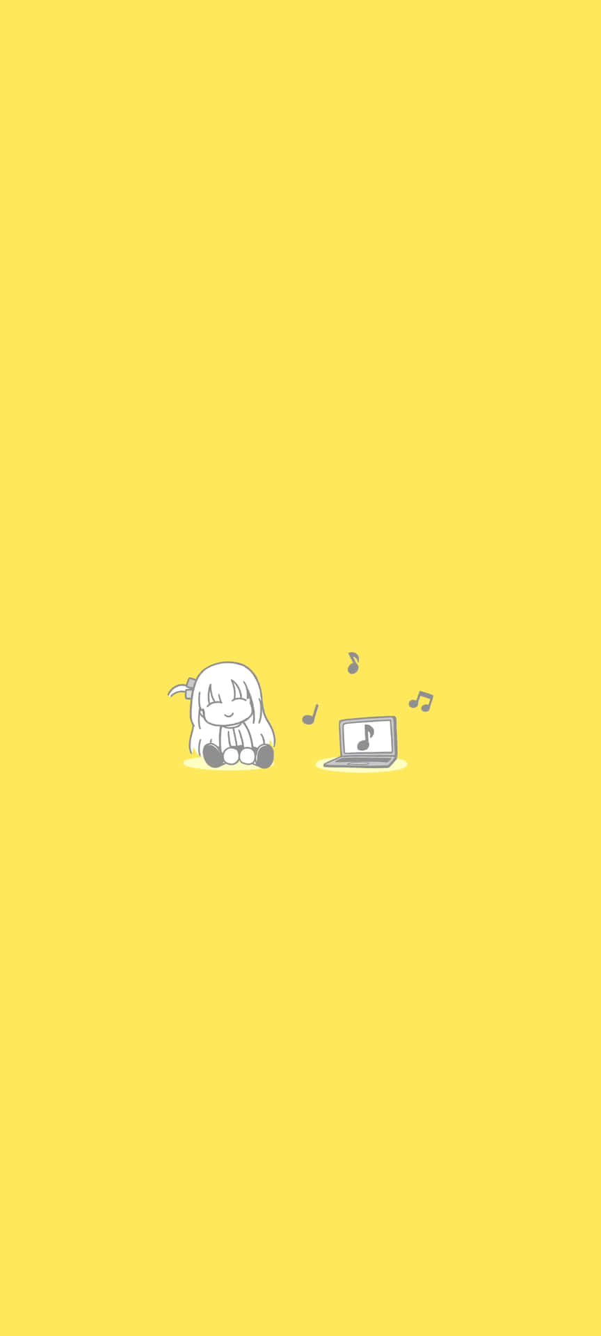 動漫女孩在黃色背景的筆記型電腦上聽音樂