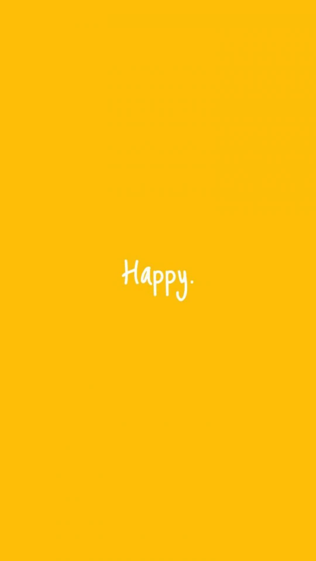 黃色背景，白色草書的「Happy」字樣。