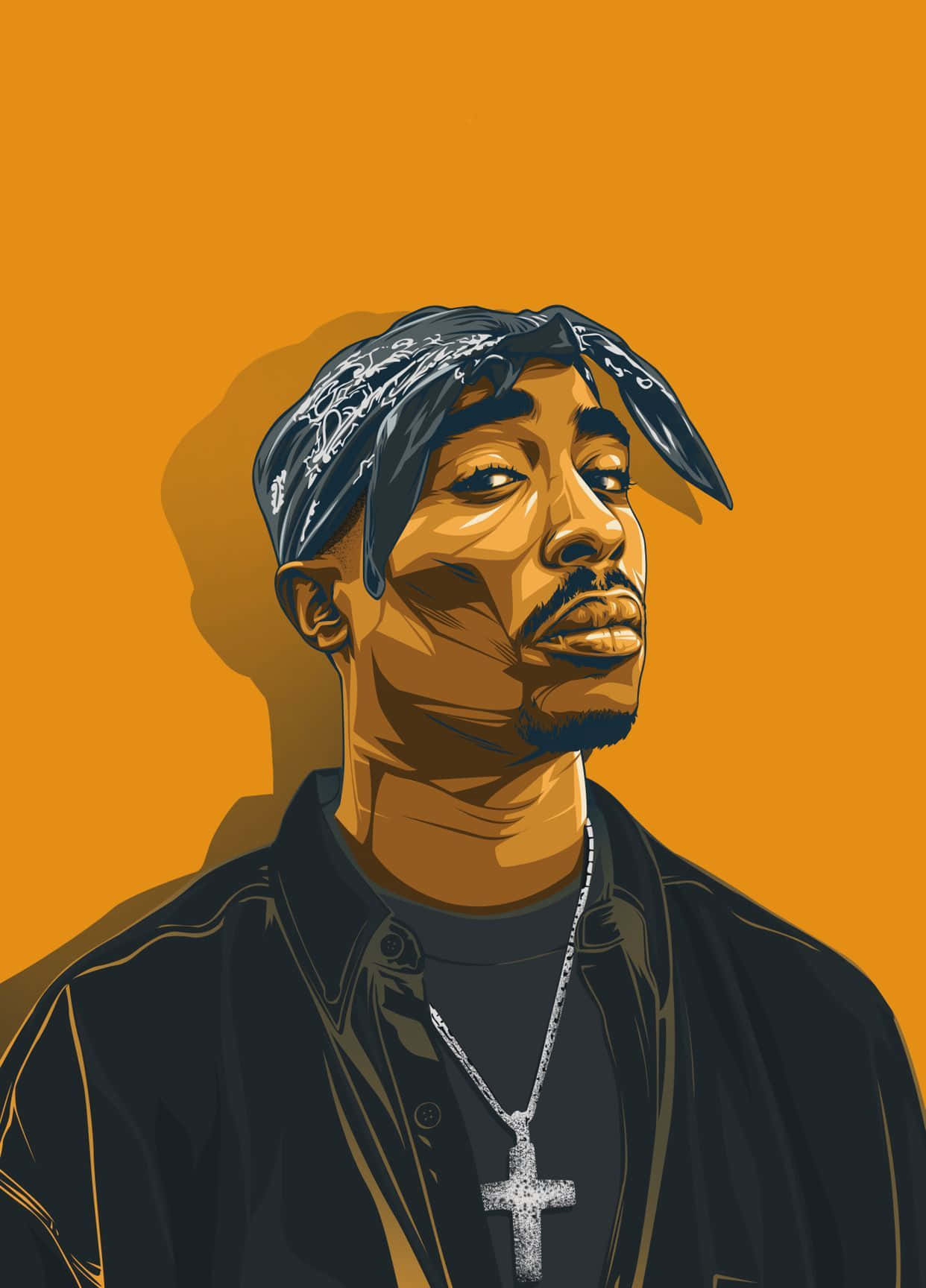 Tupac Shakur戴著頭巾和十字架項鍊，背景為橙色。