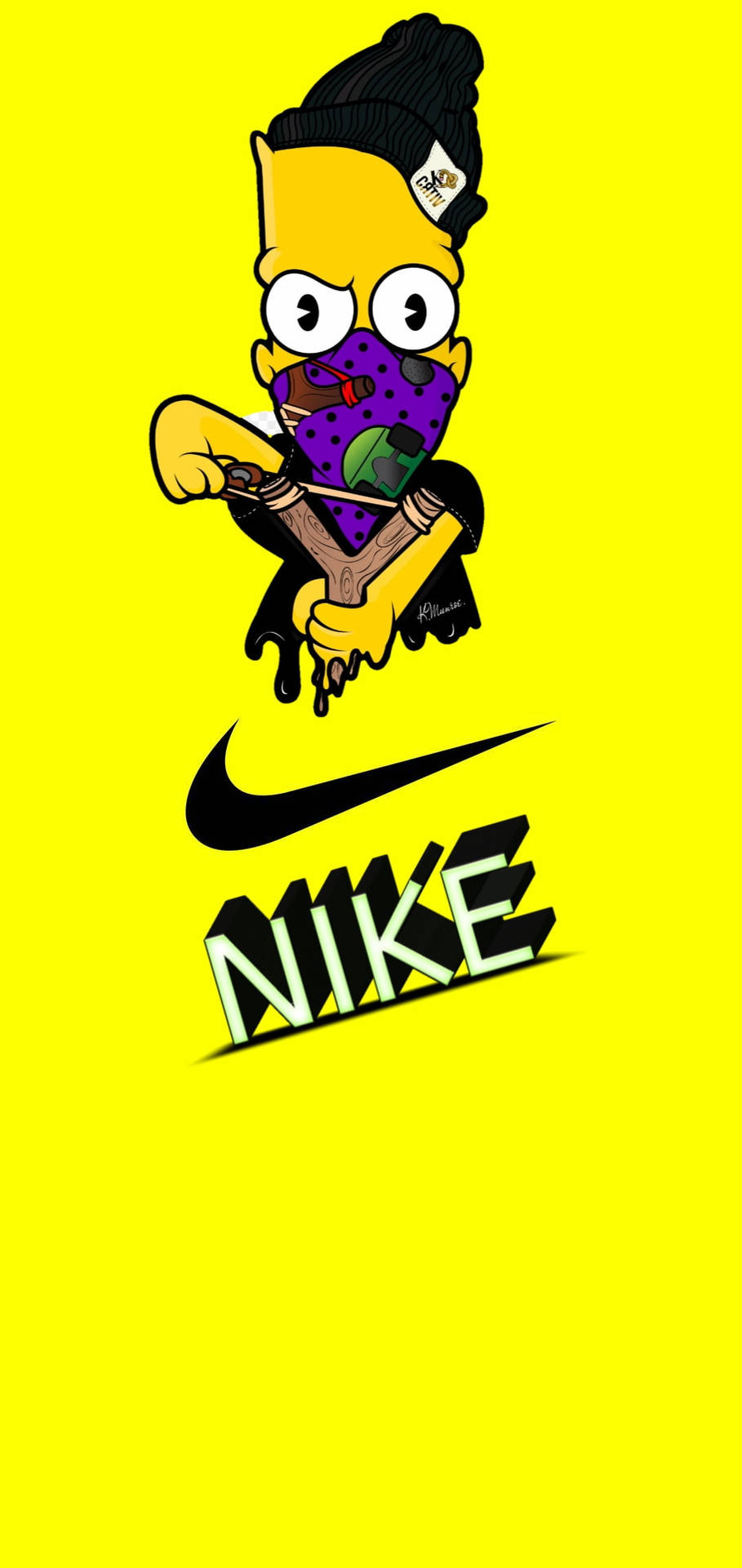 巴特·辛普森在黃色背景上於Nike標誌上方手持弓箭。