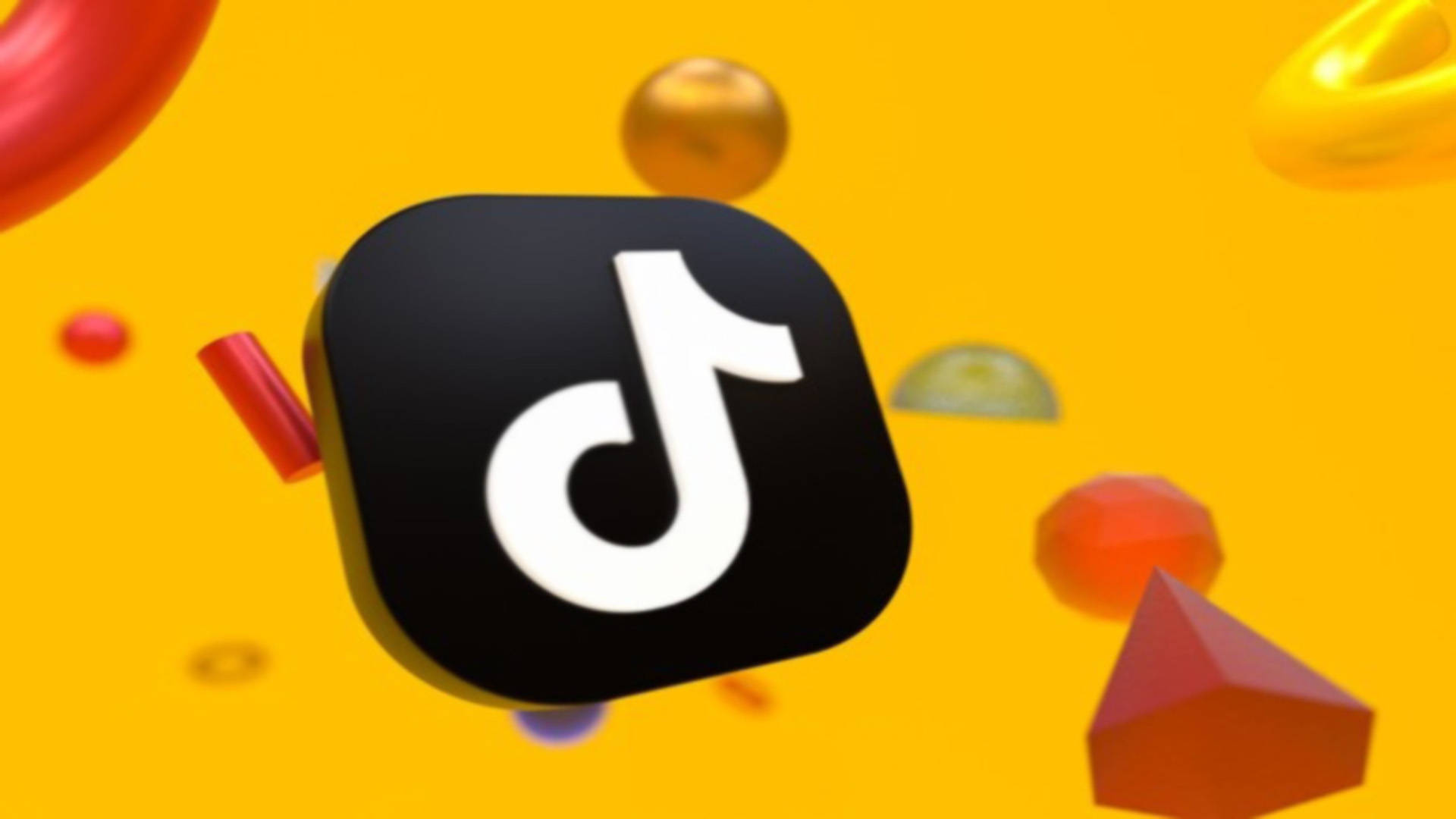 TikTok 應用程式圖示被漂浮的 3D 形狀包圍，背景為明亮的黃色。