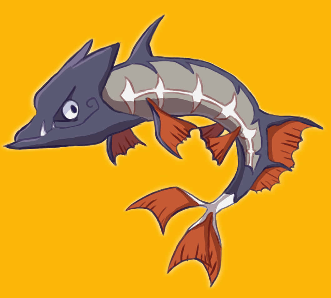 卡通魚，灰色身體和橙色魚鰭，黃色背景