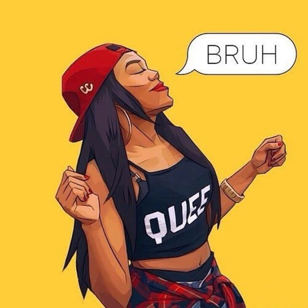 戴住紅色帽同著住 'QUEE' 上衣嘅女人喺黃色背景上同 'BRUH' 對話氣泡一齊笑。