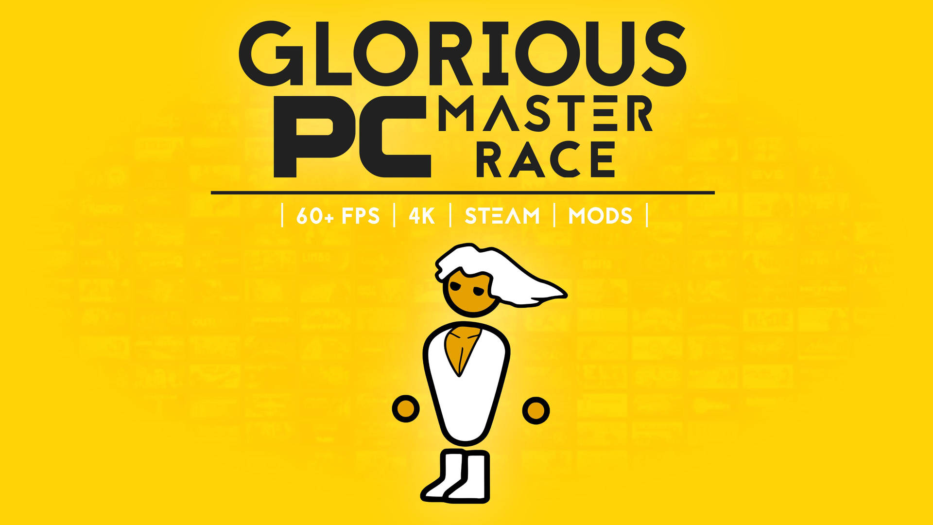 Gaming PC Master Race 標誌，帶有卡通人物和規格，黃色背景