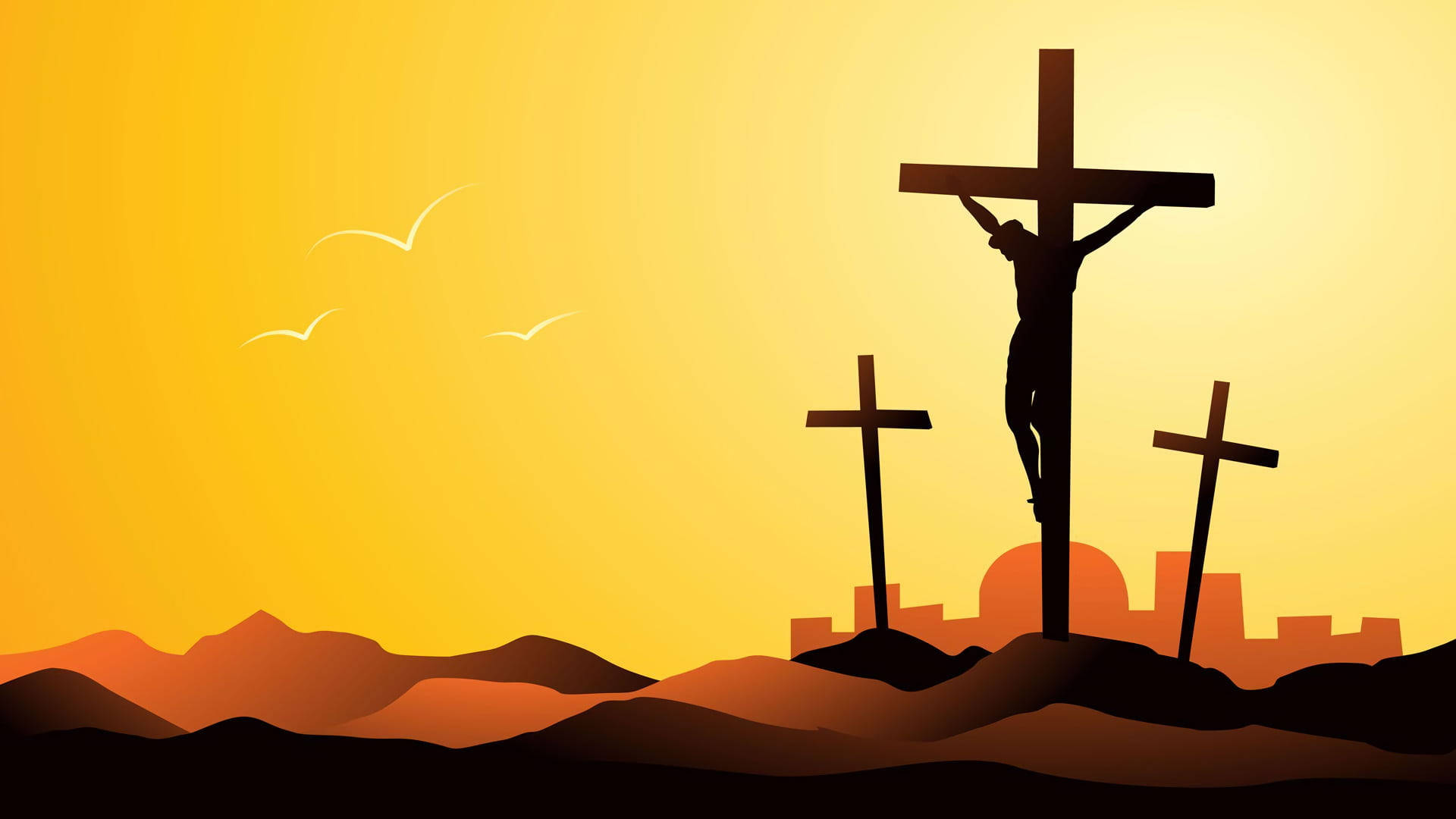 金色夕陽下的剪影 crucifixion 場景，鳥兒在頭頂飛翔。