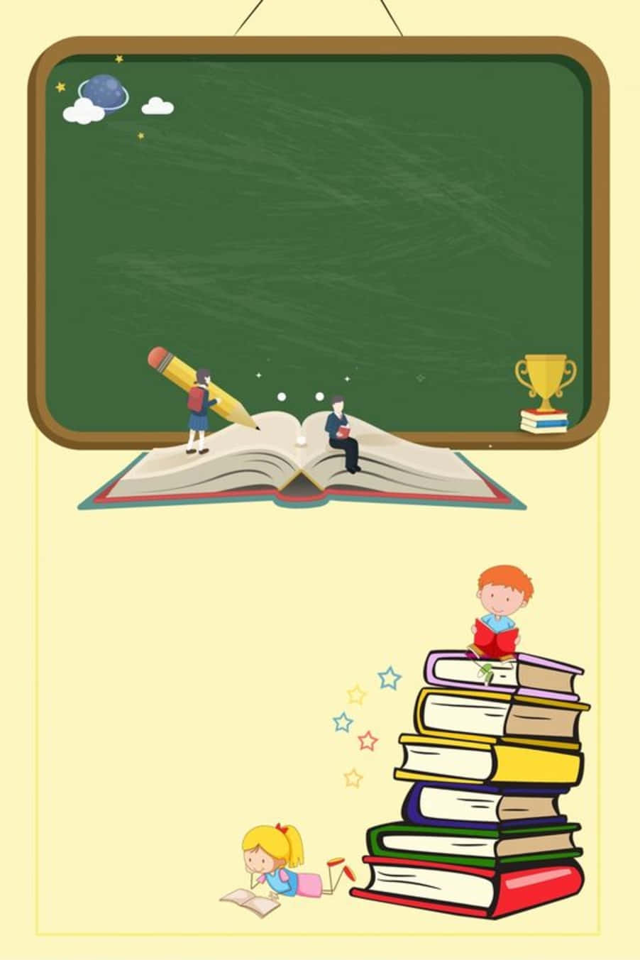 孩子們在黑板下用書本、巨型鉛筆和獎盃閱讀和學習。